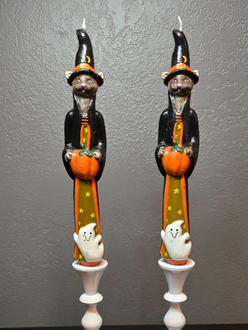 Vtg 90s Halloween Taper Candle Pair Black Cat Witch Hat Pumpkin Ghost Stars